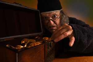 Old man Scrooge collecting child support chest full of gold coins and money