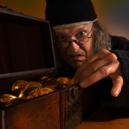 Old man Scrooge collecting child support chest full of gold coins and money